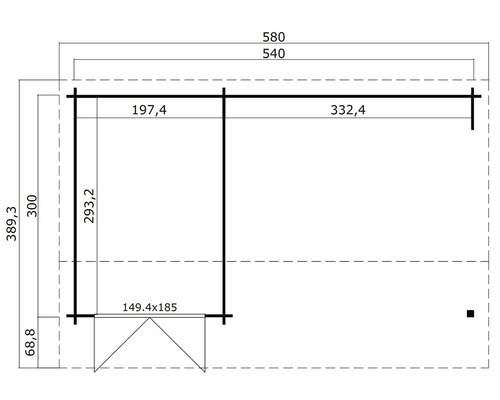 Grundrisszeichnung mit Maßangaben für ein Gartenhaus