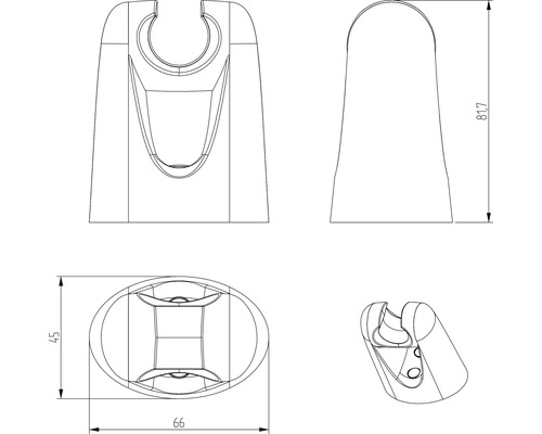 Technische Zeichnung einer Brausehalterung mit Maßangaben