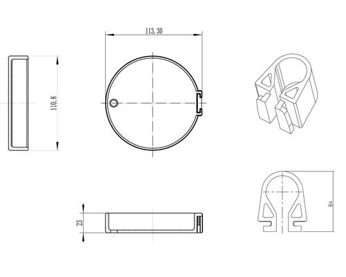 Technische Zeichnung von einem runden Deckel und einer Rohrschelle mit Maßangaben
