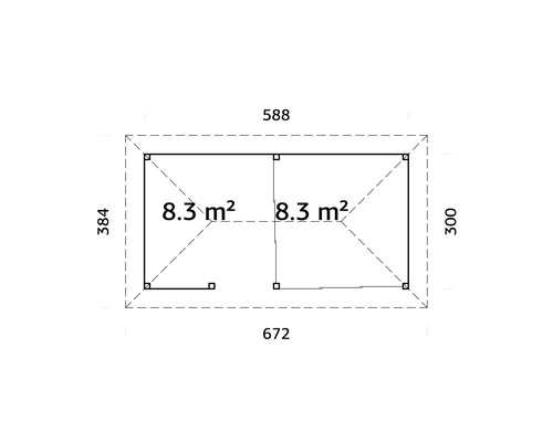 Grundrisszeichnung eines Gartenhauses mit den Maßen 672 mal 384 Zentimeter und einer Fläche von 16,6 Quadratmetern
