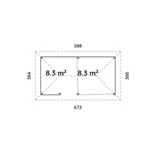 Grundriss eines Gartenhauses mit den Maßen 672 mal 384 Zentimeter.