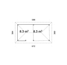 Grundriss eines Gartenhauses mit zwei Räumen und Maßangaben