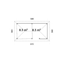 Grundrisszeichnung eines Gartenhauses mit Abmessungen.