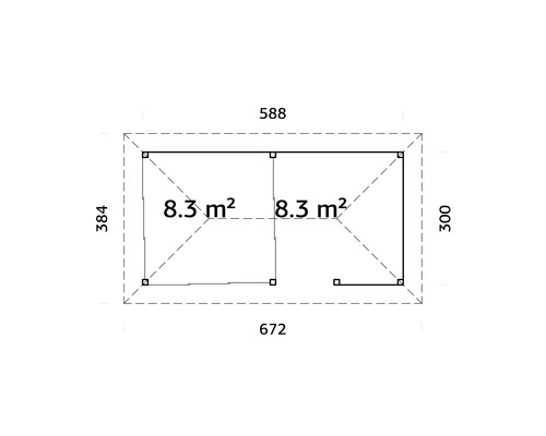 Grundrisszeichnung eines Gartenhauses mit Abmessungen.