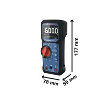 Bosch Digitalmultimeter mit den Maßen 177 mm Höhe, 78 mm Breite und 59 mm Tiefe.