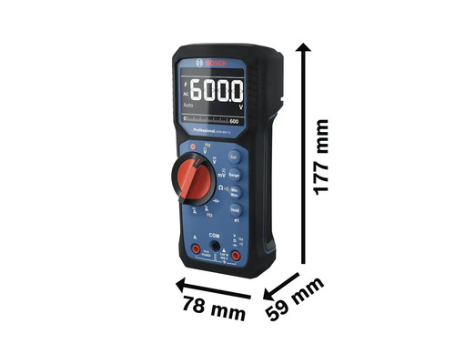 Bosch Digitalmultimeter mit den Maßen 177 mm Höhe, 78 mm Breite und 59 mm Tiefe.