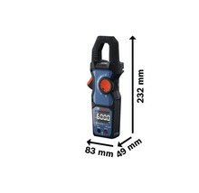 Bosch Strommesszange mit den Maßen 232 mm Höhe, 83 mm Breite und 49 mm Tiefe.