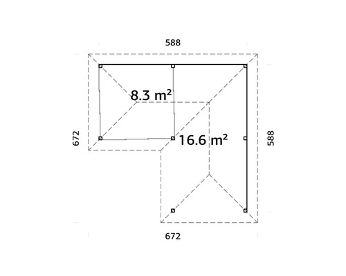 Grundriss eines Gartenhauses mit Flächenangaben 8.3 Quadratmeter und 16.6 Quadratmeter und Größenangaben