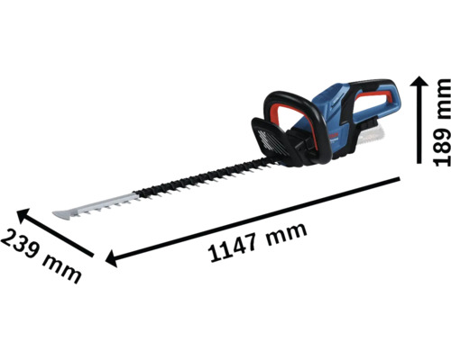 Bosch Akku-Heckenschere mit den Maßen 1147 mm Länge, 239 mm Breite und 189 mm Höhe.