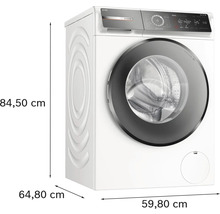 Bosch Waschmaschine mit den Maßen 84,50 cm Höhe, 64,80 cm Tiefe und 59,80 cm Breite.