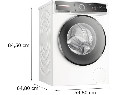 Bosch Waschmaschine mit den Maßen 84,50 cm Höhe, 64,80 cm Tiefe und 59,80 cm Breite.