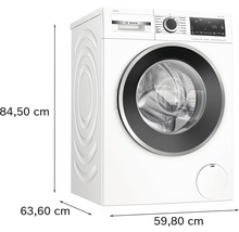 Waschmaschine mit den Maßen 84,50 cm Höhe, 63,60 cm Tiefe und 59,80 cm Breite.