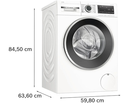 Waschmaschine mit den Maßen 84,50 cm Höhe, 63,60 cm Tiefe und 59,80 cm Breite.