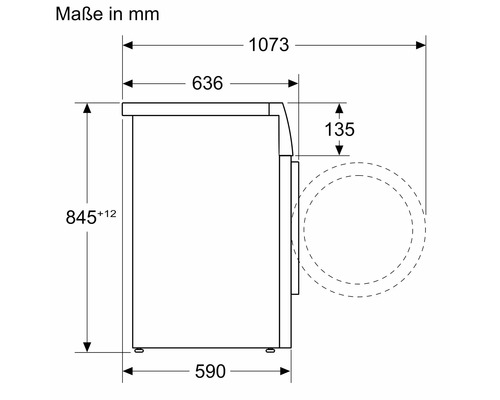 Maßzeichnung eines Backofens mit den Maßen in Millimeter.