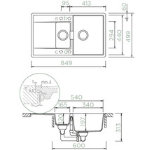 Technische Zeichnung einer Spüle mit Becken und Abtropffläche inklusive Maße