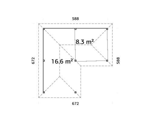 Grundriss mit Maßangaben für ein Gebäude, 16,6 Quadratmeter und 8,3 Quadratmeter