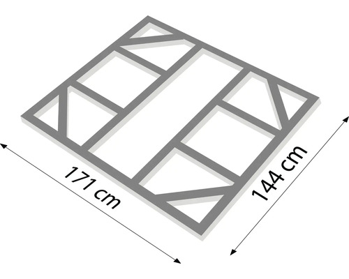 Abbildung einer Raumteiler-Holzkonstruktion mit den Maßen 171 cm mal 144 cm.