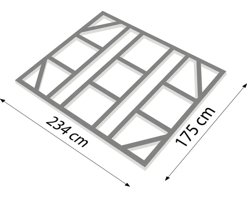 Illustration eines Pflastersteinrahmens mit den Maßen 234 mal 175 Zentimeter.