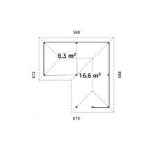 Grundriss eines Gartenhauses mit den Maßen 588 x 672 Zentimeter und Flächenangaben von 8.3 und 16.6 Quadratmetern