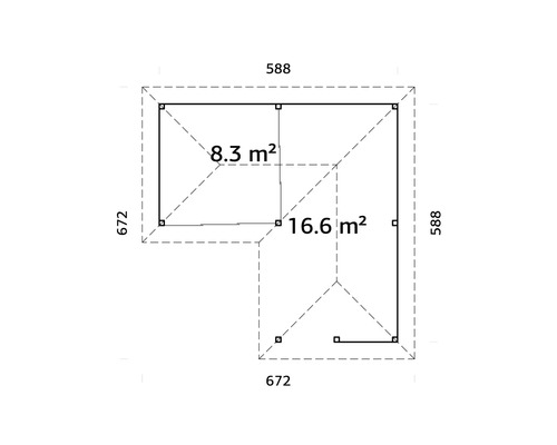 Grundriss eines Gartenhauses mit den Maßen 588 x 672 Zentimeter und Flächenangaben von 8.3 und 16.6 Quadratmetern