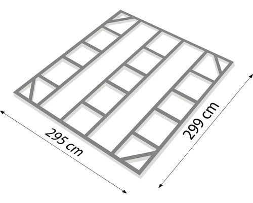 Dachkonstruktion mit Abmessungen 295 mal 299 Zentimeter