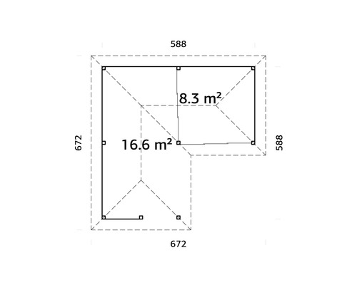 Grundriss eines Gartenhauses mit den Maßen 672 x 588 cm und einer Fläche von 16,6 und 8,3 Quadratmetern