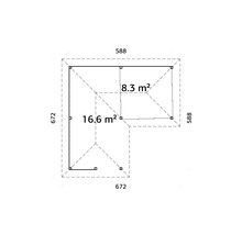 Grundriss eines Gartenhauses mit den Maßen 588 x 672 Zentimeter und 8,3 bzw. 16,6 Quadratmetern Fläche