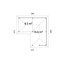 Grundriss eines Gartenhauses mit den Maßen 588 x 672 Zentimeter und einer Fläche von 16,6 Quadratmetern sowie 8,3 Quadratmetern