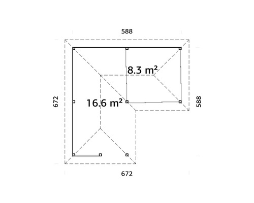 Grundriss eines Gartenhauses mit den Maßen 672 x 672 und 588 x 588 Zentimeter und den Flächen 16,6 und 8,3 Quadratmeter.