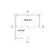 Grundriss eines Gartenhauses mit den Maßen 672 mal 588 Zentimeter und einer Fläche von 16,6 Quadratmetern sowie 8,3 Quadratmetern
