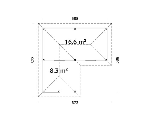 Grundriss eines Gartenhauses mit den Maßen 672 mal 588 Zentimeter und den Flächen 16,6 Quadratmeter und 8,3 Quadratmeter