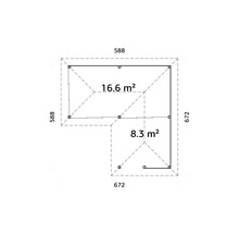 Grundrisszeichnung eines Gartenhauses mit Flächenangaben