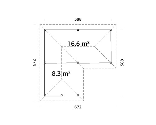 Grundriss eines Gartenhauses mit den Maßen 672 mal 672 und 588 mal 588 Zentimeter sowie den Flächenangaben 16,6 und 8,3 Quadratmeter