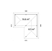 Grundriss eines Gartenhauses mit den Maßen 588 x 672 Zentimeter und einer Fläche von 16.6 und 8.3 Quadratmetern