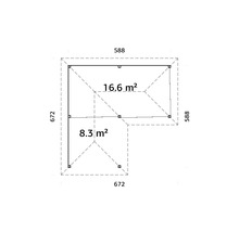Grundriss eines Gartenhauses mit den Maßen 672 x 672 und 588 x 588 Zentimetern