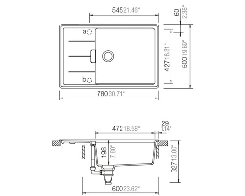 Technische Zeichnung einer Spüle mit Maßangaben.