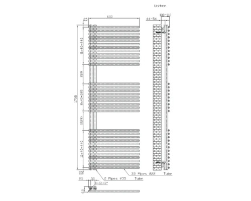 Technische Zeichnung eines Handtuchwärmers mit Maßangaben