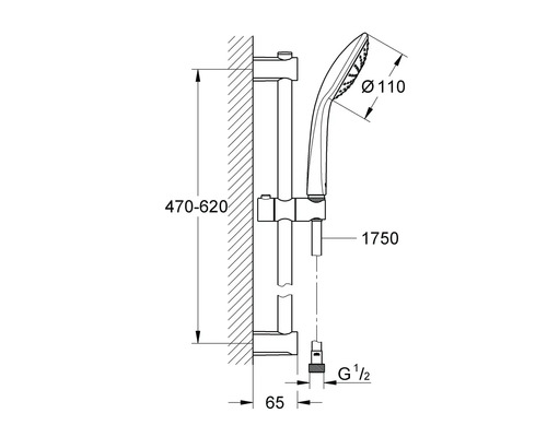 Technische Zeichnung einer Duschstange mit Handbrause und Maßangaben