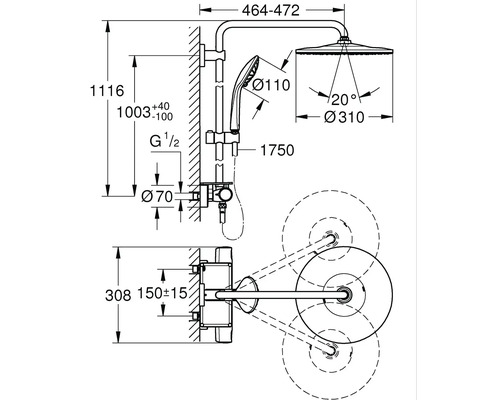 Technische Zeichnung einer Duscharmatur mit Maßangaben