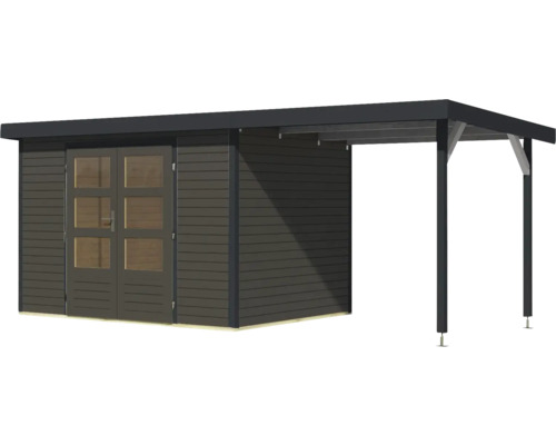 Holzgartenhaus mit Doppeltür und Anbau