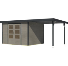 Gartenhaus Karibu Metalwood 5D Blech anthrazit inkl. Anbaudach 2,35 m 541,5 x 266,5 cm wassergrau