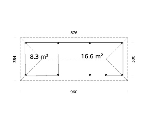 Grundriss eines Gartenhauses mit den Maßen 876 x 384 cm und 960 x 300 cm sowie Flächenangaben von 8,3 und 16,6 Quadratmetern