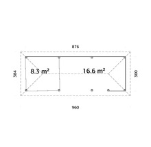 Grundriss eines Gartenhauses mit den Maßen 960 x 384 Zentimeter und einer Fläche von 8,3 Quadratmetern und 16,6 Quadratmetern