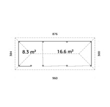 Grundrisszeichnung eines Gartenhauses mit den Maßen 384 x 876 Zentimeter und 300 x 960 Zentimeter, sowie den Flächenangaben 8,3 Quadratmeter und 16,6 Quadratmeter.