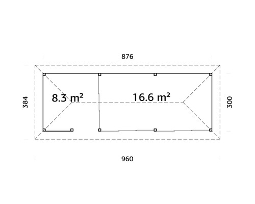 Grundrisszeichnung eines Gartenhauses mit den Maßen 384 x 876 Zentimeter und 300 x 960 Zentimeter, sowie den Flächenangaben 8,3 Quadratmeter und 16,6 Quadratmeter.
