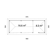 Grundriss eines Gartenhauses mit den Maßen 960 x 384 Zentimeter und einer Fläche von 16,6 Quadratmetern sowie 8,3 Quadratmetern