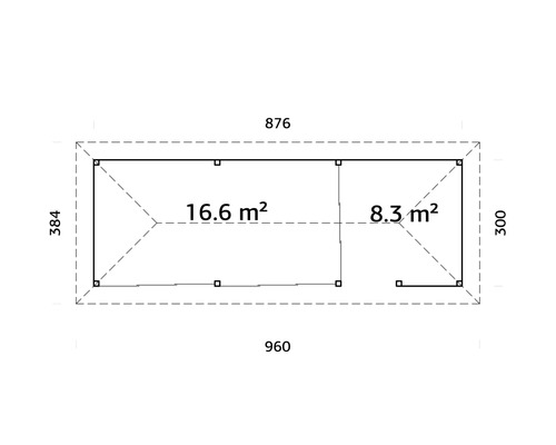 Grundriss eines Gartenhauses mit den Maßen 960 x 384 Zentimeter und einer Fläche von 16,6 Quadratmetern sowie 8,3 Quadratmetern