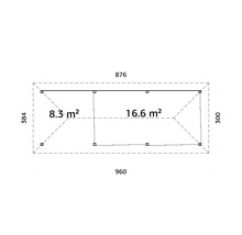 Grundriss eines Gartenhauses mit den Massen 960 mal 384 Zentimeter und einer Fläche von 8.3 und 16.6 Quadratmetern