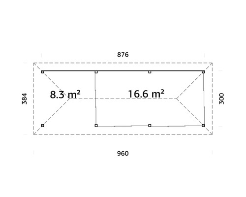 Grundriss eines Gartenhauses mit den Massen 960 mal 384 Zentimeter und einer Fläche von 8.3 und 16.6 Quadratmetern
