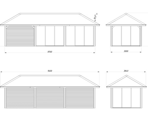 Technische Zeichnung eines Gartenhauses mit Maßen.